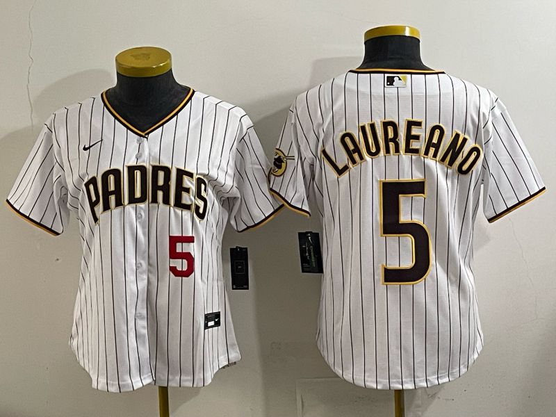 Women San Diego Padres #5 Laureano White Stripe Nike 2025 MLB Jersey 07
